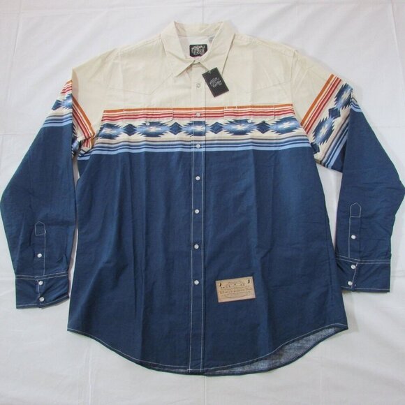 Roper Men's Long Sleeve Aztec Border Print Snap Shirt Beige/Navy - Picture 1 of 2